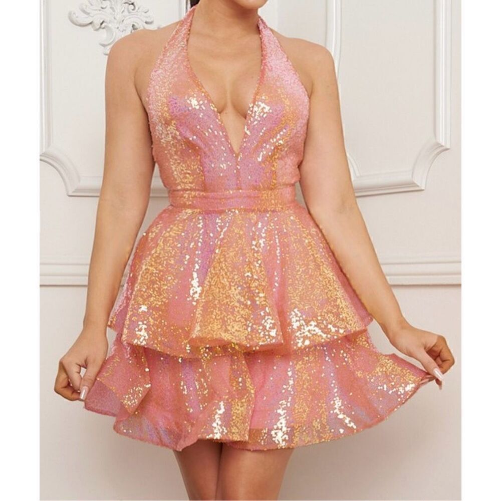 Pink Blush sequin halter mini dress